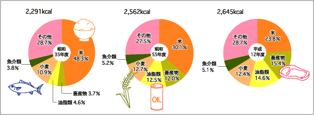 日本人1人1日あたりの食べ物の割合の変化を表したグラフ